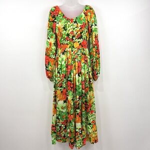 VTG 70s Pat Richards Dress Womens S Flower Child Boho Hippie Maxi Long Sleeve